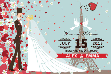 Retro wedding invitation with groom ,bride  ,pigeons,Eiffel tower.Flying hearts and flowers background.Spring , summer design template, save the date card. romantic Vector illustrationのイラスト素材