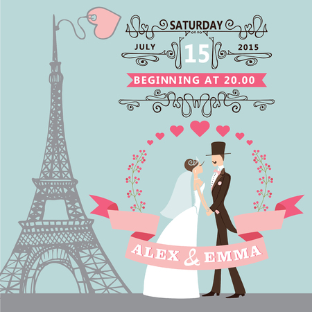 Vintage wedding invitation with Cartoon bride ,groom ,floral wreath, swirling borders,ribbons.Paris street,Eiffel tower  background.Cute design template.Vector illustration.のイラスト素材