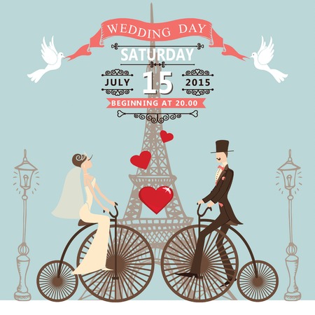 Vintage wedding invitation with Cartoon bride ,groom on retro bike with vignettes,ribbon,pigeons.Paris street,Eiffel tower,streetlight background.Cute design template.Vector illustration.のイラスト素材