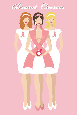Breast Cancer Awareness.Three beautiful woman in pink ribbon and dress with female sign hope symbol,text title.Poster,banner for print and web.Vector illustration cardのイラスト素材