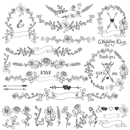 Wedding Doodles floral decor elements set.Swirling border,flowers,branches,wreath,arrow,headline,ribbons.Hand sketched.Design template,invitation,card for holiday,birthday.Vintage Vectorのイラスト素材