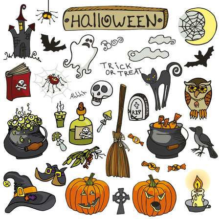 Halloween party icons.Doodle hand drawing Witch spooky elements set.Isolated items, lettering and candy,cat,orange pumpkin,bats,web and broom,Ghost and skull,book and spider, Raven .Cartoon vector illustration,Retroのイラスト素材