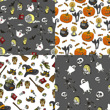 Halloween doodles seamless pattern or background.Hand drawing spooky elements in style of children drawing.For fabric,background,backdrop,Wallpaper,wrapping paper.Retro Vectorのイラスト素材