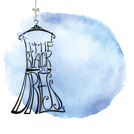 Typography Dress Design.Silhouette of woman classic little black dress from words  with Watercolor cyan stain. Swirling curves font.Fashion Vector illustration.Design template,painting backgroundのイラスト素材