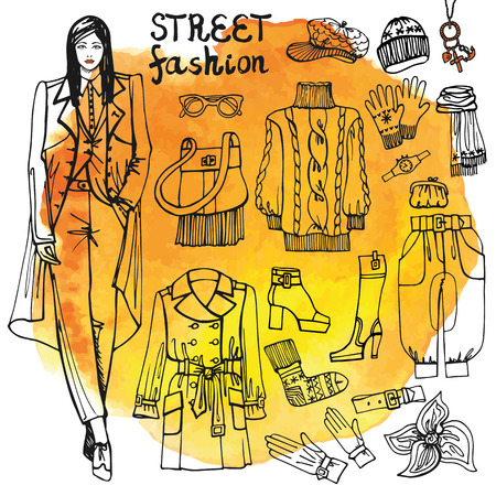 Fashion illustration in sketch style .Girl with Clothing set on watercolor stein.Hand drawing outline. Lovely girl in coat.Autumn,winter,spring fashion wear. Doodle Vector illustrationのイラスト素材