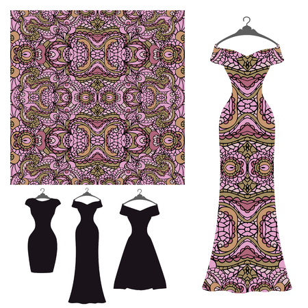 Vector silhouett Dress with tribal seamless pattern. Vintage decorative elements. Ornamental background.Summer paty. Three Template for printing on fabric or paper.Fashion illustrationのイラスト素材