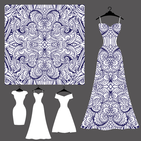 Vector silhouett Dress with tribal seamless pattern. Vintage decorative elements. Ornamental blue, white background. Summer paty.Three Template for printing on fabric or paper.Fashion illustrationのイラスト素材