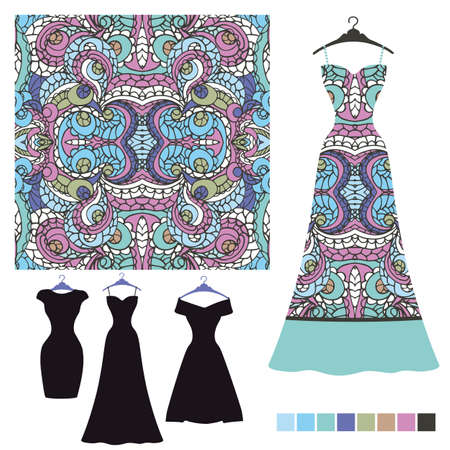 Vector silhouett Dress with tribal seamless pattern. Vintage decorative elements. Ornamental background. Summer paty.Three Template for printing on fabric or paper.Fashion illustrationのイラスト素材