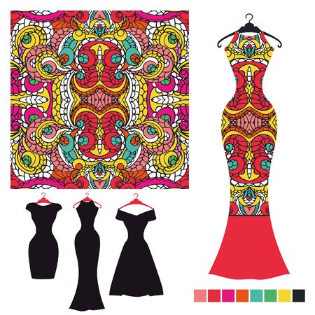Vector silhouett Dress with tribal seamless pattern. Vintage decorative elements. Ornamental background. Summer paty.Three Template for printing on fabric or paper.Fashion illustrationのイラスト素材