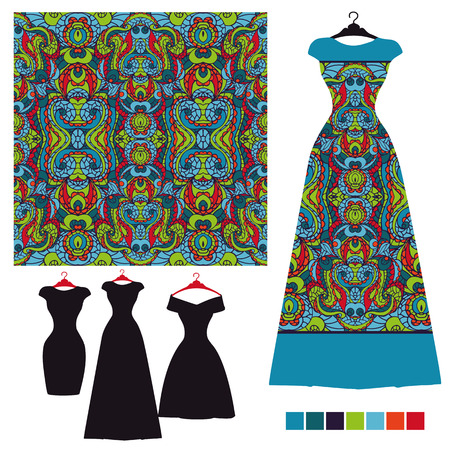 Vector silhouett Dress with tribal seamless pattern. Vintage decorative elements. Ornamental background. Summer paty.Three Template for printing on fabric or paper.Fashion illustrationのイラスト素材