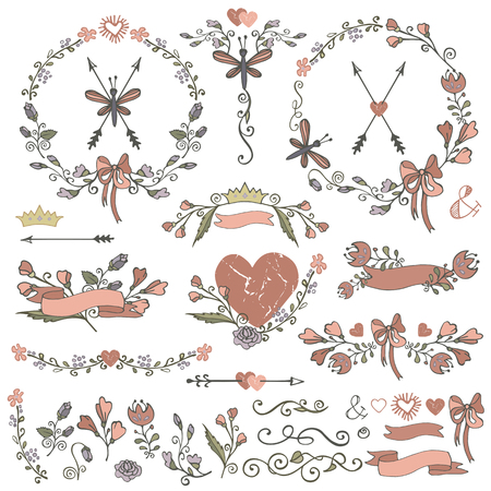 Colored  Doodles border,frame,wreath,arrow,ribbon,floral decor elements set.Hand sketched.Easy to make design template,invitation and logo.For wedding,Valentine day,holiday and birthday,Easter,bridal shower.Vintage Vectorのイラスト素材
