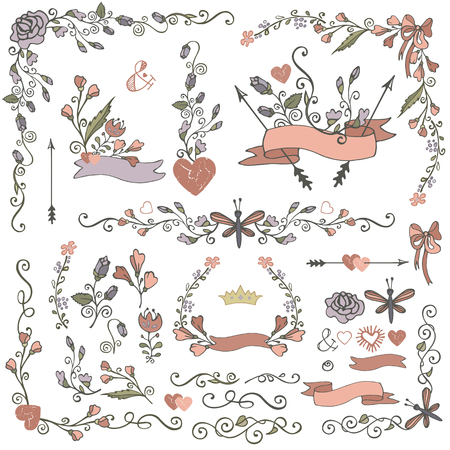 Colored  Doodles border,frame,wreath,arrow,ribbon,floral decor elements set.Hand sketched.Easy to make design template,invitation and logo.For wedding,Valentine day,holiday and birthday,Easter,bridal shower.Vintage Vectorのイラスト素材