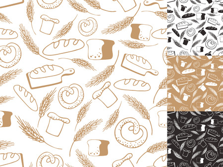 Vintage Retro Bakery Seamless pattern set.Colored hand sketched doodles background.Bread, loaf, wheat ear icons.For Backdrop,background,fabric,Wallpaper.Vector Outlineのイラスト素材