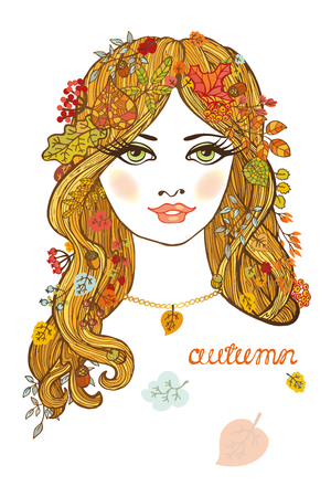 Beautiful autumn girl with long blond hair and leaves decoration.Abstract fashion composition.European female,woman.Vector portrait,seasonal poster.Glamour lookのイラスト素材