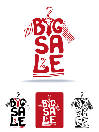 Big Sale lettering in  tee shirt shape.Icons set.Lettring,Typographic background design.Shirt hanging on hanger.Summer Fashion vector Illustration.For poster,sticker,web,printのイラスト素材