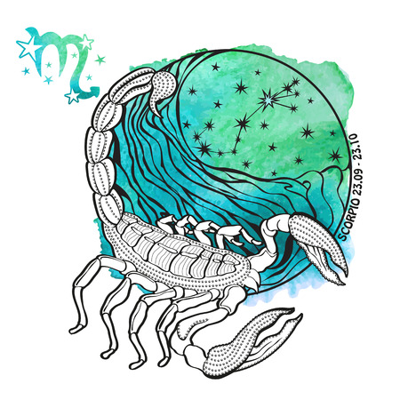 Scorpio zodiac sign .Horoscope constellation,stars in circle composition.Watercolor splash texture,hand painting art.White background.Symbol,sign of water.Artistic Vector  Illustration.のイラスト素材