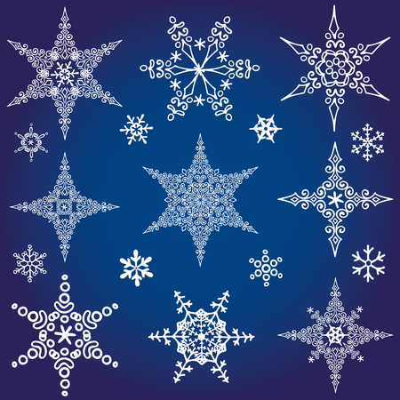 Christmas season.Snowflake big set,Silhouette icon,Winter elements.New year holiday decoration.Star  shape, crystal Vector.Doodle illustrationのイラスト素材