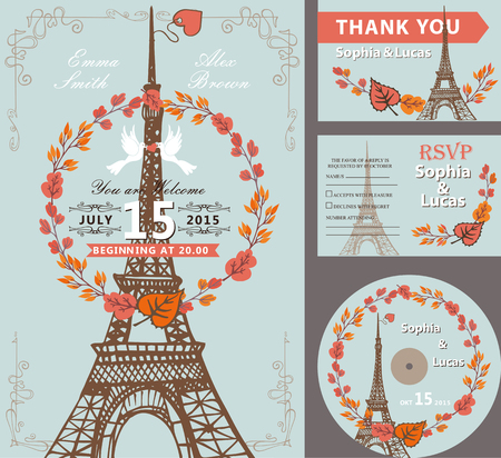 Wedding invitation set with autumn leaves wreath,pigeons,swirling borders.Paris Eiffel tower  background.Cute fall design template.Vintage Vector illustration.For save date cards,RSVP, CD diskのイラスト素材