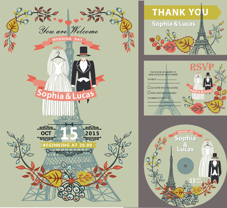 Wedding invitation set.Autumn leaves and branches, bride and groom retro dresses.Paris Eiffel tower background.Cute fall design template.Vintage Vector illustration.For save date cards,RSVP, CD diskのイラスト素材
