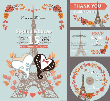 Wedding invitation set.Autumn leaves and branches,hearts bride and groom.Paris Eiffel tower background.Cute fall design template.Vintage Vector illustration.For save date cards,RSVP, CD diskのイラスト素材