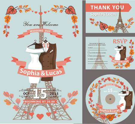 Wedding invitation set.Autumn leaves and branches, bride and groom dresses.Paris Eiffel tower background.Cute fall design template.Vintage Vector illustration.For save date cards,RSVP, CD diskのイラスト素材