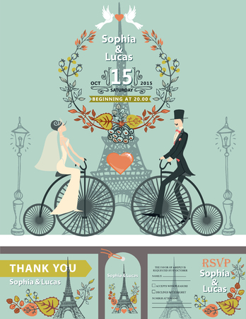 Vintage wedding invitation.Cartoon flat bride,groom on retro bike on Paris street with Eiffel tower background.Autumn leaves wreath composition.Fall design template,tag,RSVP.Vector illustration.のイラスト素材