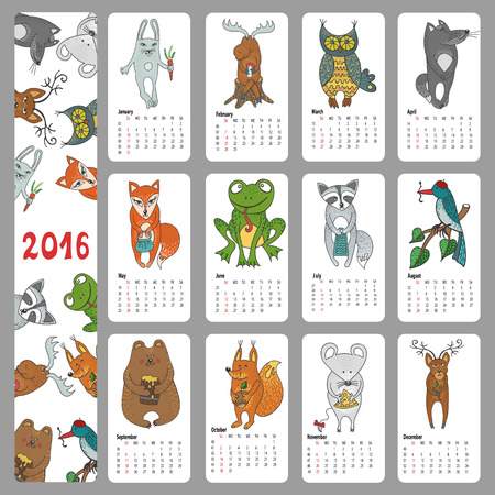 Calendar 2016 new year.Woodland animals set.Hand drawing doodleVector illustration,baby style.Bird, squirell, mouse and rog,elk and raccoon,hare and wolf,fox,bear and frog,deer,owlのイラスト素材