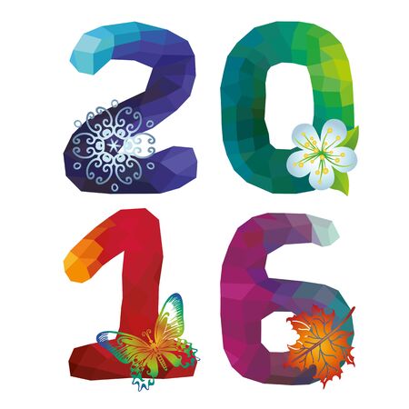 2016 Happy New year greeting card with modern Polygons number,year icons.Triangles, polygons  figures on white background,party invitation,holiday banner.Square Vector.のイラスト素材