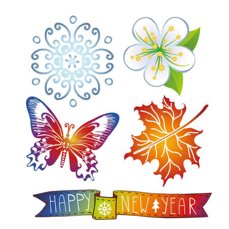 Happy New year icons set.Greeting card,invitation,banner.Symbols of holiday. Snowflake,flower,butterfly,maple leaf on  white background.Ribbon with congratulations.Vector Illustration.のイラスト素材
