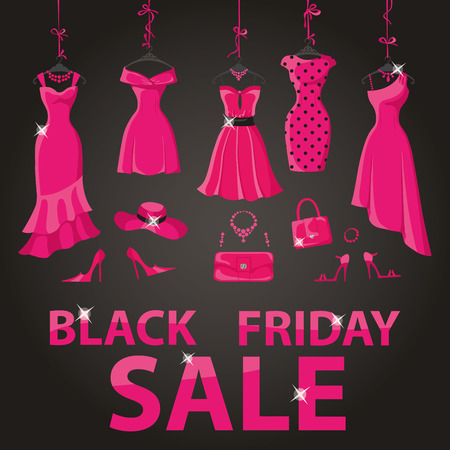 Black friday Big Sale.Pink party dresses hanging on the ribbon with accessories and title.Typographic design,black background.Fashion wear,vector Illustration.Christmas,winter shopping,retail,discount posterのイラスト素材