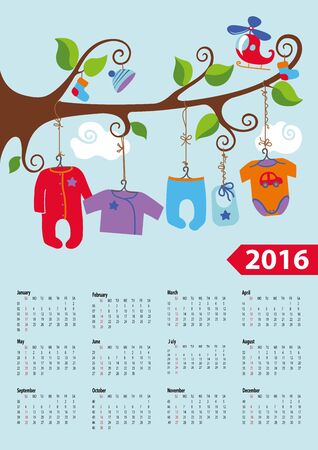 Calendar 2016.Baby clothes for newborn baby boy hanging on the rope on  the branches of a tree.Cartoon flat vector.Week starts from sunday,american.Vector illustration.のイラスト素材