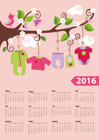 Calendar 2016.Baby clothes for newborn baby boy hanging on the rope on  the branches of a tree.Cartoon flat vector.Week starts from sunday,american.Vector illustration.のイラスト素材