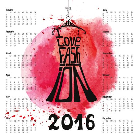 Calendar 2016 year.Typography Dress Design,watercolor splash.Lettering in Silhouette of  little black dress,quotes  I love Fashion. Swirling curves font.Pink background.Fashion Vector illustration.のイラスト素材