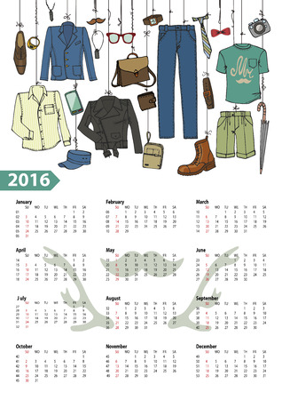 Fashion illustration.Calendar 2016 new year.Vector hand drawn  fashionable male  clothes and accessories hanging on rope.Background, design template.Mens hipster wearのイラスト素材