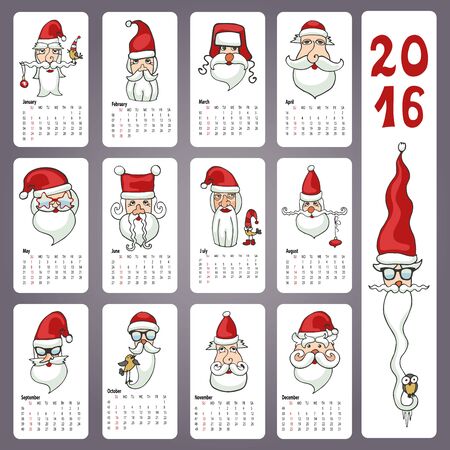 Calendar 2016 new year.Doodles Santa Claus faces,different characters.Hand drawing decor elements.Vintage Monthly cards.Retro vector illustrationのイラスト素材