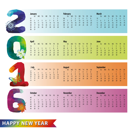 Calendar 2016 with Polygon numbers,rainbow colors.Modern triangle style.Sign of seasons,symbol,icon,gradient strips .New year holiday Vector background.Week starts from sunday,american.のイラスト素材
