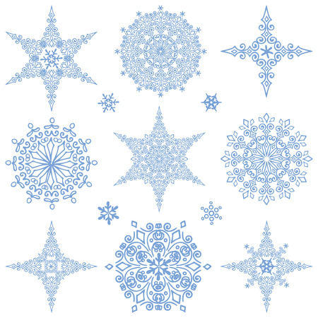 Snowflake big set,Silhouette icon,Winter elements.Christmas,new year holiday isolated decor.Star and round shape.Ornate lace,rosette.Vector doodles.のイラスト素材