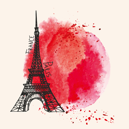 Paris  Card.Eiffel tower,watercolor red,bloody splashes,spot,drops.Hand drawn doodle sketchy,painting textire.Room for text.Vector background,artistic design templateのイラスト素材