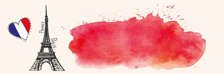 Paris  Card.Eiffel tower,watercolor red,bloody splashes,spot,drops.Hand drawn doodle sketchy,painting textire.French flag in heart shape.Vector background,artistic design template.Horisontalのイラスト素材