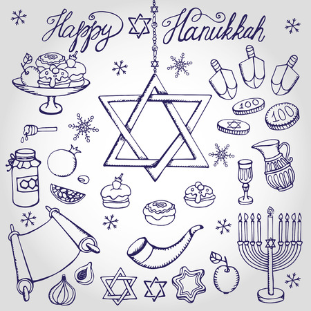 Hanukkah symbols set.Doodle hand drawing Jewish Holiday icons,decoration elements set.Swet,menorah,star of David.Israel festival vector objects.Retro  linear Illustration.Religious new year.のイラスト素材