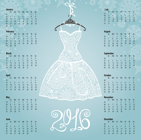 Calendar 2016 year.White wedding lace Dress Design.Silhouette of womanbridal dress with snowflakesand numbers.Cyan  background.Christmas,winter.Fashion Vector illustration.のイラスト素材