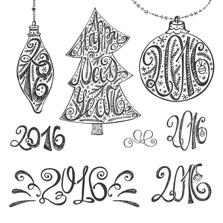 2016 new year typography title,numbers set.Hand drawn Christmas balls,tree shapes with lettering.Card elements set. Handwriting decoration,bow.Vintage vector,isolated  on white background.のイラスト素材