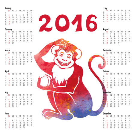 Calendar 2016 with Chinese zodiac Monkey in watercolor texture.Sign,symbol,icon icon.New year holiday Vector.Artistic background.Week starts from sunday,american.のイラスト素材