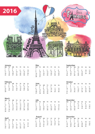 Calendar 2016 New year.Paris Famous landmarks panorama ,skyline.Watercolor splash ,doodle  sketchy.Notre Dame,Eiffel tower,Sacre Coeur,Grand Opera.Holiday Vector background,European mesh.Verticalのイラスト素材