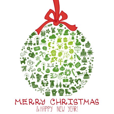 Christmas,New year colored greeting card.Icons silhouette in ball circle shape.Different decorative elements,symbols of winter holidays .Trendy flat style.Doodle  Vector.Green colorsのイラスト素材