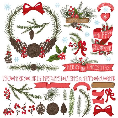 Merry Christmas and new yaear decor set.Spruce fir tree branches,pine cones ,red berries,holly,ribbons with lettering in holiday composition,wreath.Vector Illustration for greeting cards,invitation,calendarのイラスト素材