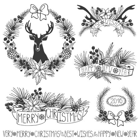 Merry Christmas and new year decoation set.Reindeer,Spruce fir tree branches,poinsettia,pine cones,red berries,holly,ribbons with lettering,holiday composition,wreath.Vector Illustrationのイラスト素材