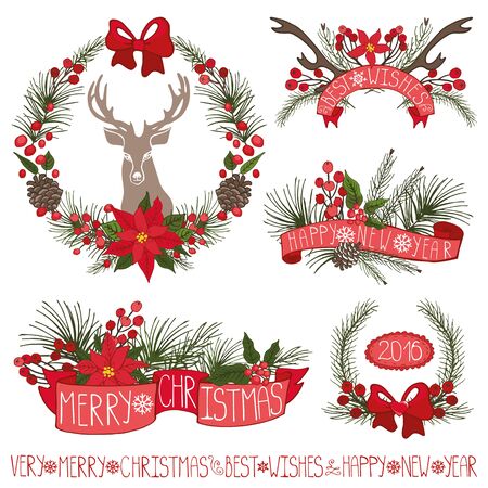 Merry Christmas and new year decoationr set.Reindeer,Spruce fir tree branches,puansetiya,pine cones,red berries,holly,ribbons with lettering in holiday composition,wreath.Vector Illustrationのイラスト素材