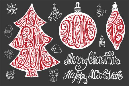 Christmas card elements set. Hand drawn lettering best wishes, 2016 in shapes of ball and fir tree,handwriting title ,decoration.New year Vintage vector,isolated on background.のイラスト素材