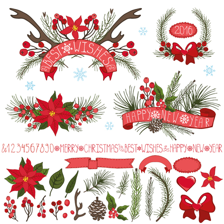 Merry Christmas,new year decor set.Spruce fir tree branches,pine cones ,red berries,Poinsettia flower,holly,ribbons with lettering in holiday composition,wreath.Vector Illustration for greeting cards,invitation,calendarのイラスト素材